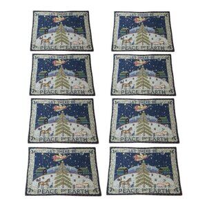 Christmas Tapestry Placemat Metallic Blue White Gold Set of 8 Peace on Earth